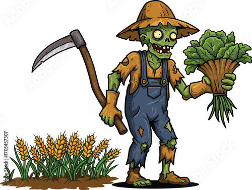 Cartoon zombie farmer holding fresh harvest vegetables and sickle in farmland, Halloween horror character concept for agriculture, spooky costume, undead laborer sceneCartoon zombie farmer holding 