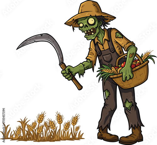 Cartoon zombie farmer holding sickle and vegetable basket, harvesting wheat in spooky farmland, creepy 