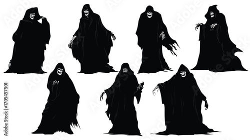 Hooded Skeletons with Eerie Expressions Vector Illustration