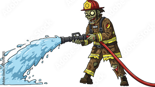 Cartoon zombie firefighter spraying powerful water hose, wearing firefighter uniform and helmet, extinguishing fire, Halloween horror vector illustration 