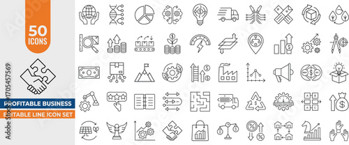 Modern and minimalist Profitable Business Line Icons Set – Editable Thin Stroke Illustrations for Strategy, Revenue, Supply Chain, competitive advance, Manufacturing & Sustainability.