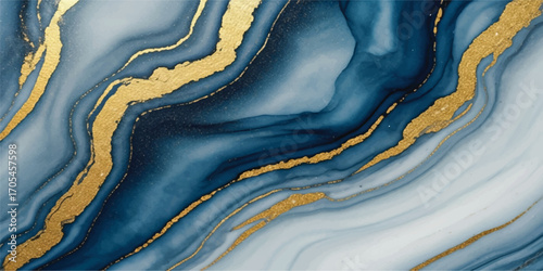 Abstract blue and gold marble texture with swirling patterns and luxurious veins