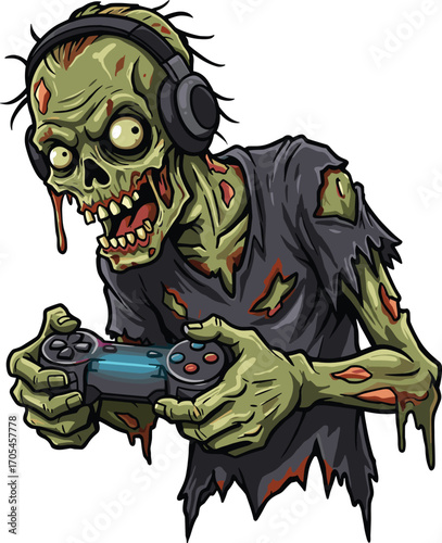 Cartoon zombie gamer with headphones playing video game using glowing controller, creepy undead character illustration for Halloween, gaming, or horror-themed digital content.Cartoon zombie gamer 
