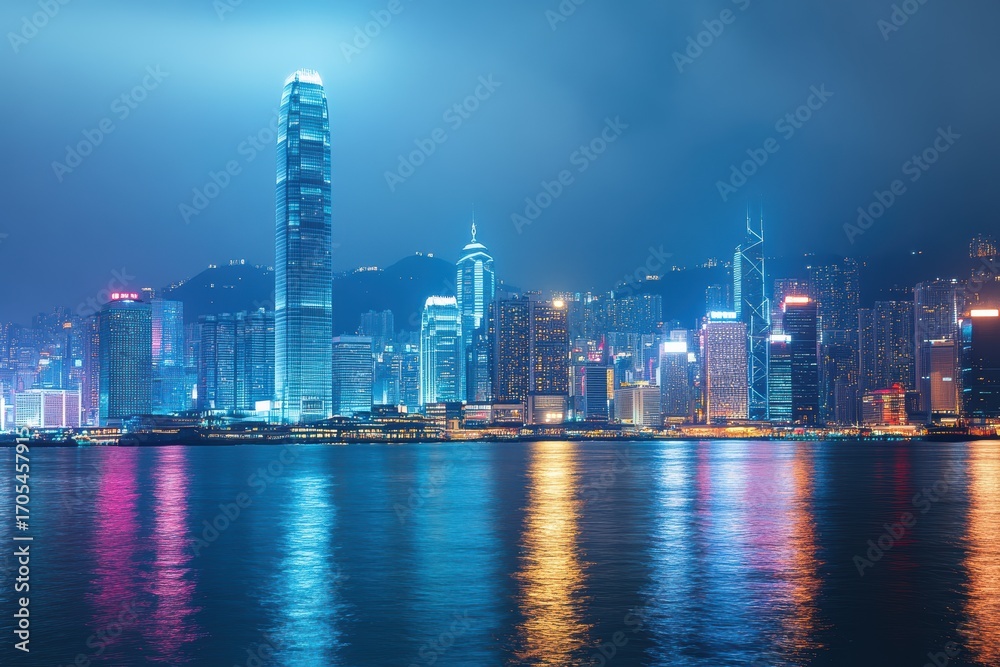 Obraz premium Stunning panoramic view of a vibrant city skyline illuminated at night