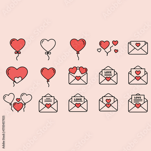 Vector art of a grid of valentines day icons featuring hearts and envelopes on a pastel background