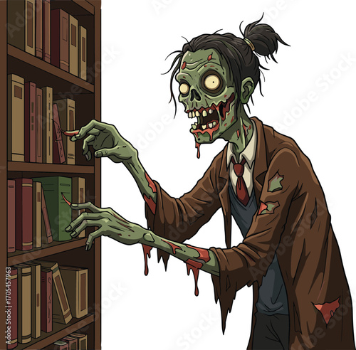 Cartoon Zombie in Tattered Suit Searching for a Book in Library Bookshelf, Depicting Undead Scholar or Creepy Academic Character in Horror StyleCartoon 