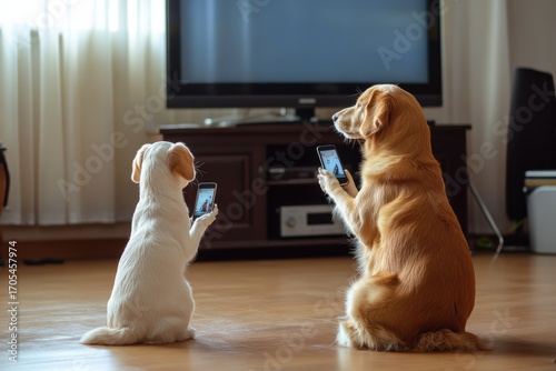 Pets watching TV while interacting with phones indoors in a cozy living room
