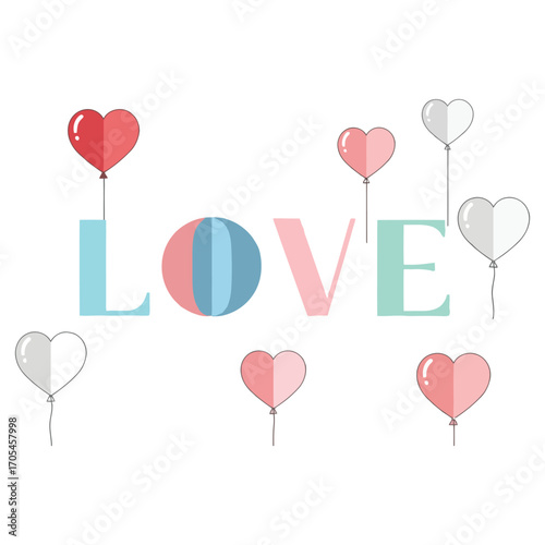 Vector art of the word love spelled out with colorful letters and surrounded by heartshaped balloons in various shades