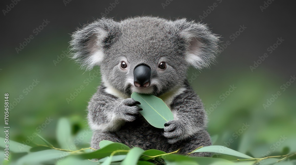 Fototapeta premium Baby koala sitting with head tilted on transparent background
