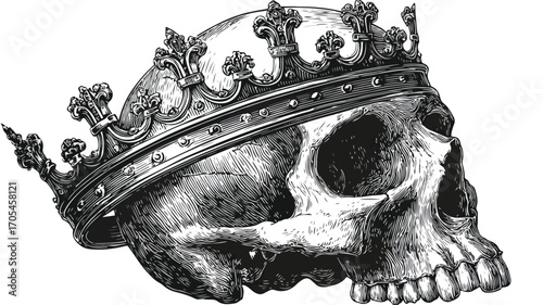 Woodcut Style Vector of Human Skull Adorned with Crown - Professional and Artistic Illustration for Design Projects