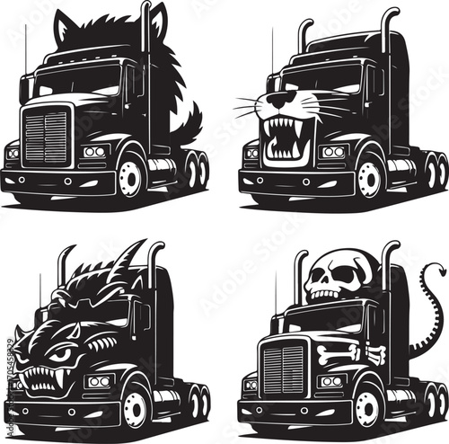 Four Black And White Truck Graphics With Skull And Animal Designs semi-truck tractor-trailer