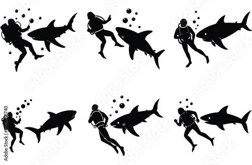 Silhouettes of divers and sharks swimming together with bubbles on a white background scuba diver