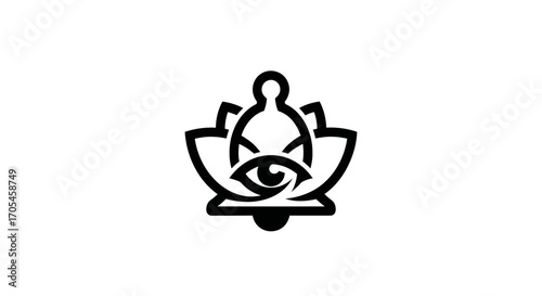 Spiritual icon of a person meditating in a lotus flower with an eye symbol.
