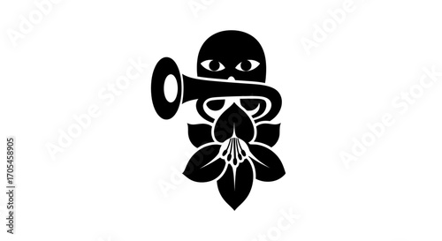 Surreal black silhouette of a character playing a trumpet with a flower.