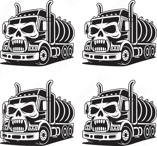 Four Black And White Tanker Truck Graphics With Skull Designs semi-truck tractor-trailer