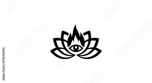 Minimalist Lotus Flower with All Seeing Eye and Flame Symbol.