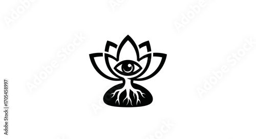 Mystical Lotus Flower with All Seeing Eye and Roots Icon.