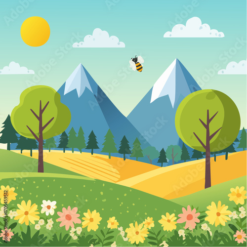 Nature and landscape. Vector illustration of trees, forest, mountains, flowers, bee, plants, field. Picture for background, card or cover