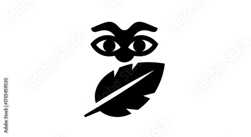 Abstract owl icon with a feather body and large eyes.