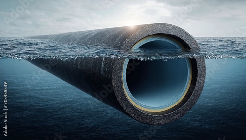 Cross-Section of Underwater River Pipe Showing Steel Core, Black Polyethylene Wrap, and Blue HDPE Inner Wall Against Ocean Horizon