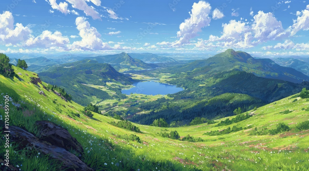 Fototapeta premium Panoramic alpine vista, lush green hills, lake nestled in valley, bright sunny day