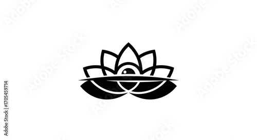 Minimalist black and white logo of a lotus flower with an eye.
