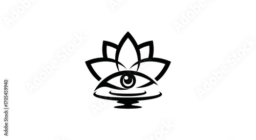 Minimalist black line art of a lotus flower and eye symbol.