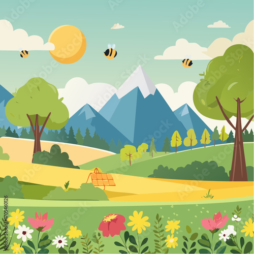 Nature and landscape. Vector illustration of trees, forest, mountains, flowers, bee, plants, field. Picture for background, card or cover