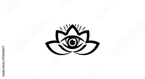 Minimalist black icon of a lotus flower with an all seeing eye.