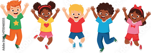 Happy cartoon children jumping with raised arms, diverse outfits and hairstyles, playful energy, joyful friendship, fun childhood moment vector illustration