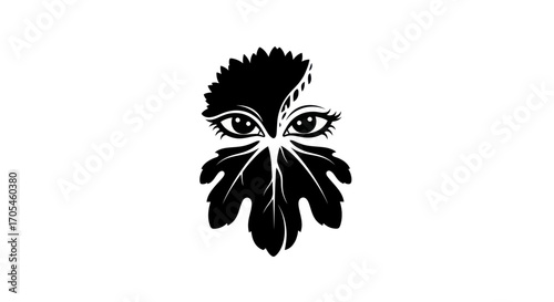 Abstract Leaf with Eyes Black and White Illustration.