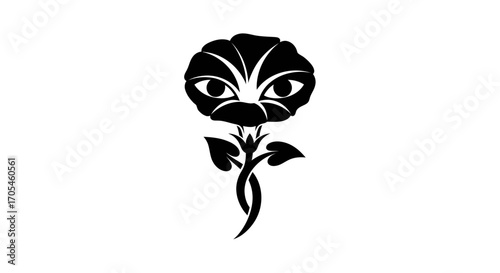 Stylized black flower with human eyes symbol graphic.