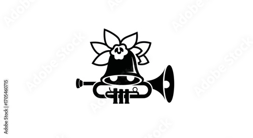 Whimsical black and white icon of a bell with a flower and trumpet.