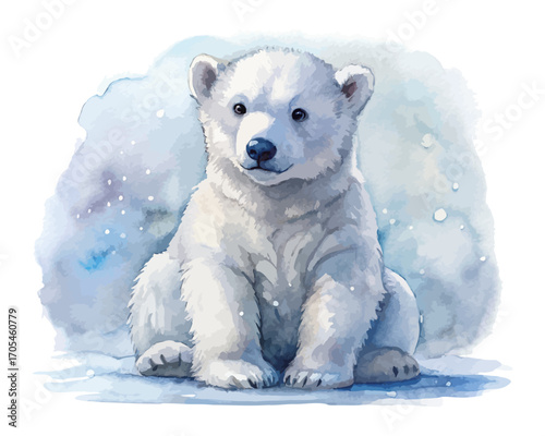 Watercolor Baby Polar Bear Sitting in Snow 