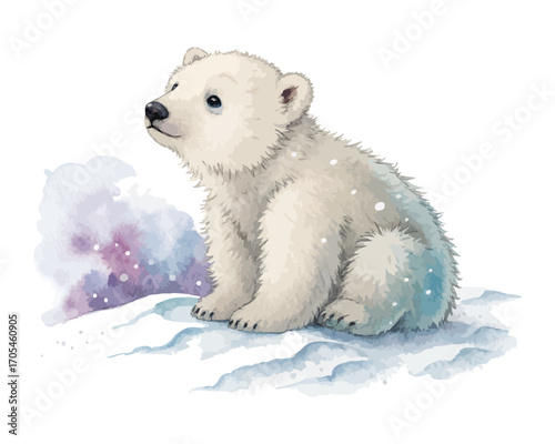 Watercolor Baby Polar Bear Sitting in Snow vector illustration 