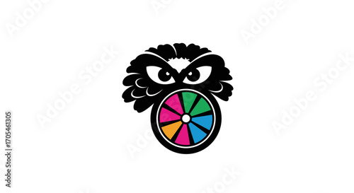 Stylized black owl head with a vibrant color wheel.