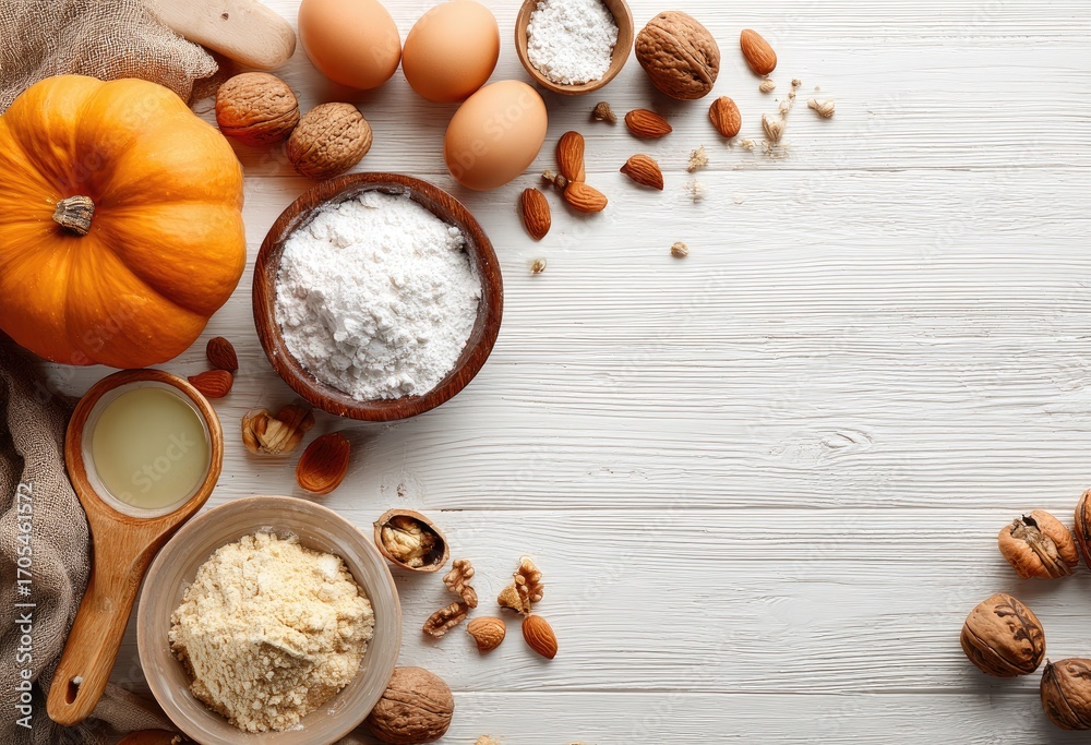 Fototapeta premium Autumnal baking ingredients arranged on a white wooden surface. A pumpkin, eggs, nuts, flour, and other baking components are neatly positioned in a frame around the open space