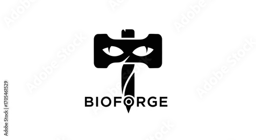 Bioforge logo design with a stylized black hammer and animal eyes icon.