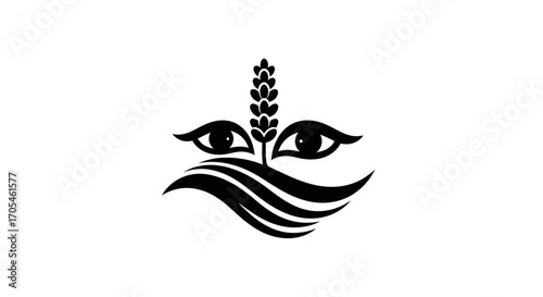 Abstract spiritual emblem with eyes a plant stalk and flowing lines.