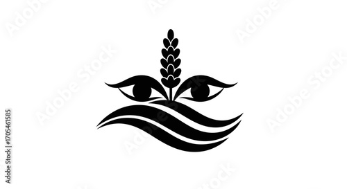Minimalist black symbol of nature with eyes wheat and water.