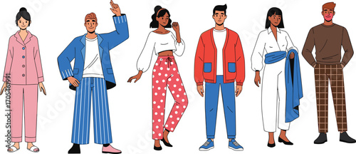 Six diverse individuals in cozy loungewear outfits, showcasing casual fashion styles for home, comfort, relaxation, and lifestyle illustration design.
