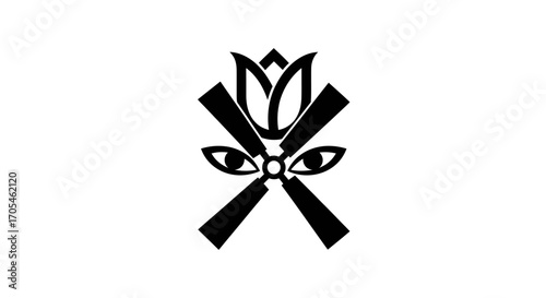 Stylized Egyptian symbol with lotus flower and all seeing eyes.