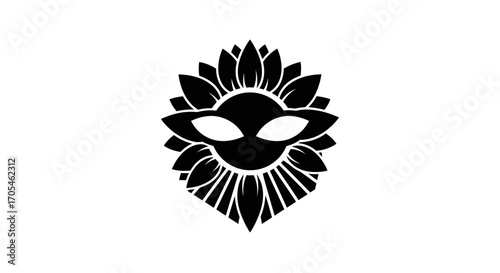 Stylized Black Sunflower Masked Face Silhouette Graphic Design.