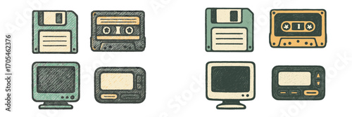 Vintage electronic devices and old computer technology featuring floppy disks, cassette tapes, monitors, and pagers