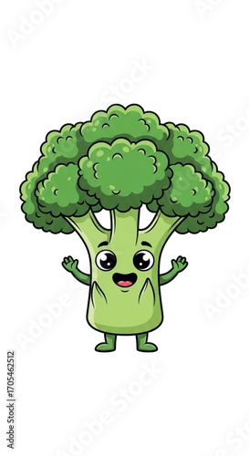 Cute Cartoon Broccoli Character with Happy Face.