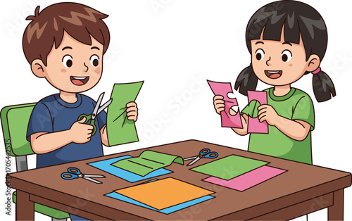 Two children cutting colored paper at table, creative craft activity for kids, art and education concept, school project, flat vector illustration