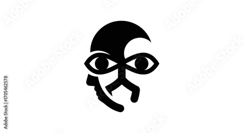 Abstract black graphic symbol representing a stylized face with prominent eyes.