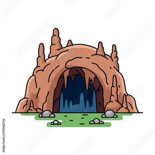 Cartoon cave entrance with stalactites and stalagmites.