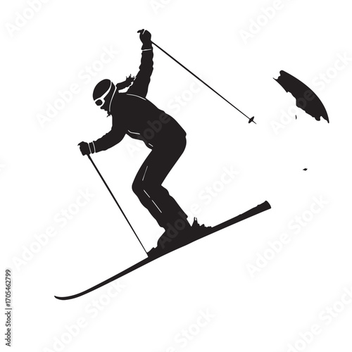 Black skiing Silhouette Vector, High Quality Illustration on White Background