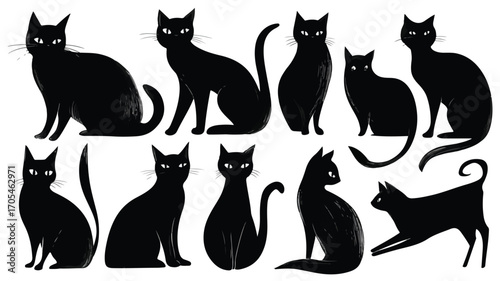 Stylish Set of Black Cat Silhouettes Vector with Outline for Creative Designs